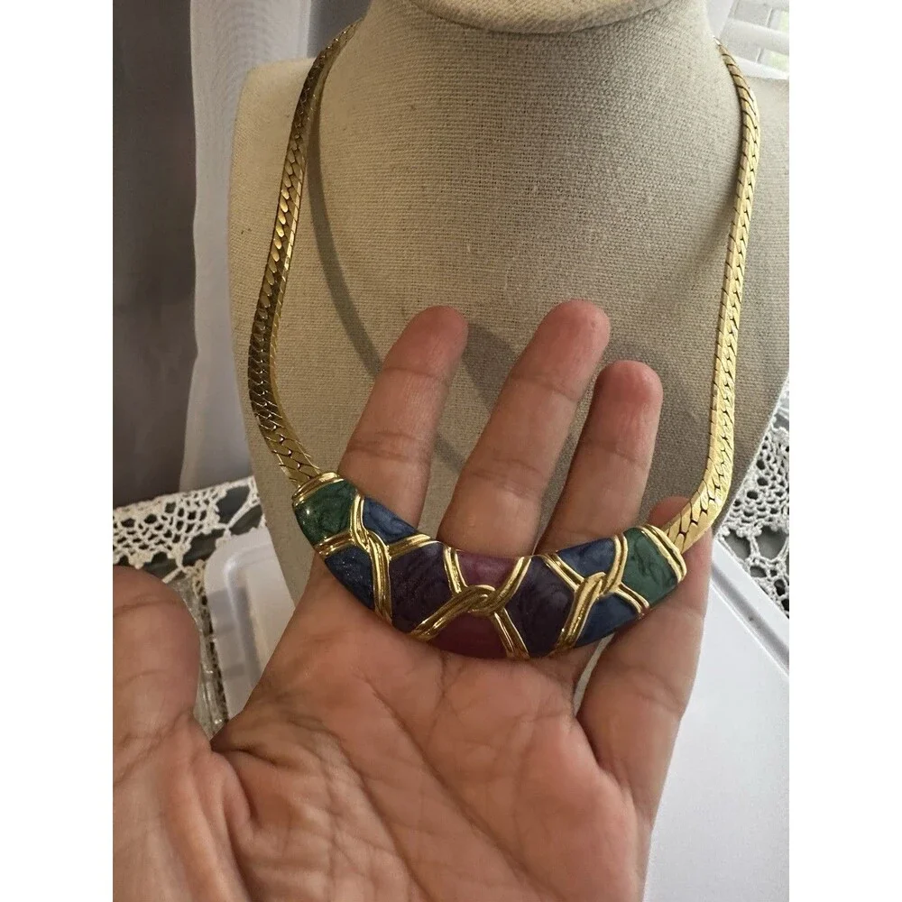 Vintage 80s Gold Tone Herringbone Necklace Colorful Enamel Statement
